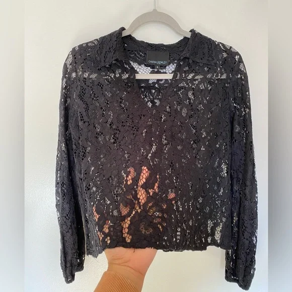Cynthia Rowley Black Lace Long Sleeve Top Size 4 - Picture 5 of 16